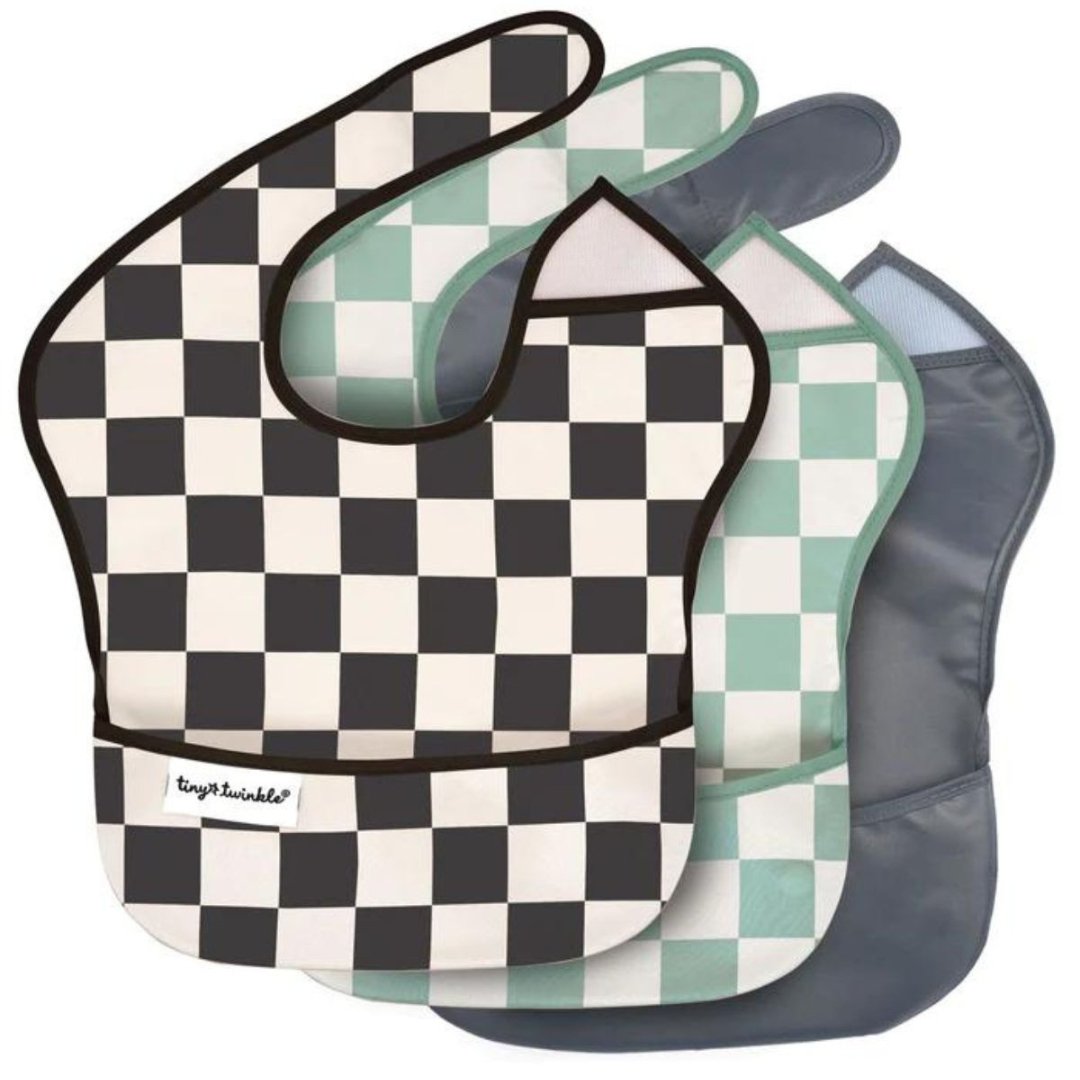 3 baberos con bolsillo Tiny Twinkle · Cuadros mint - gris - La Chata Merengüela