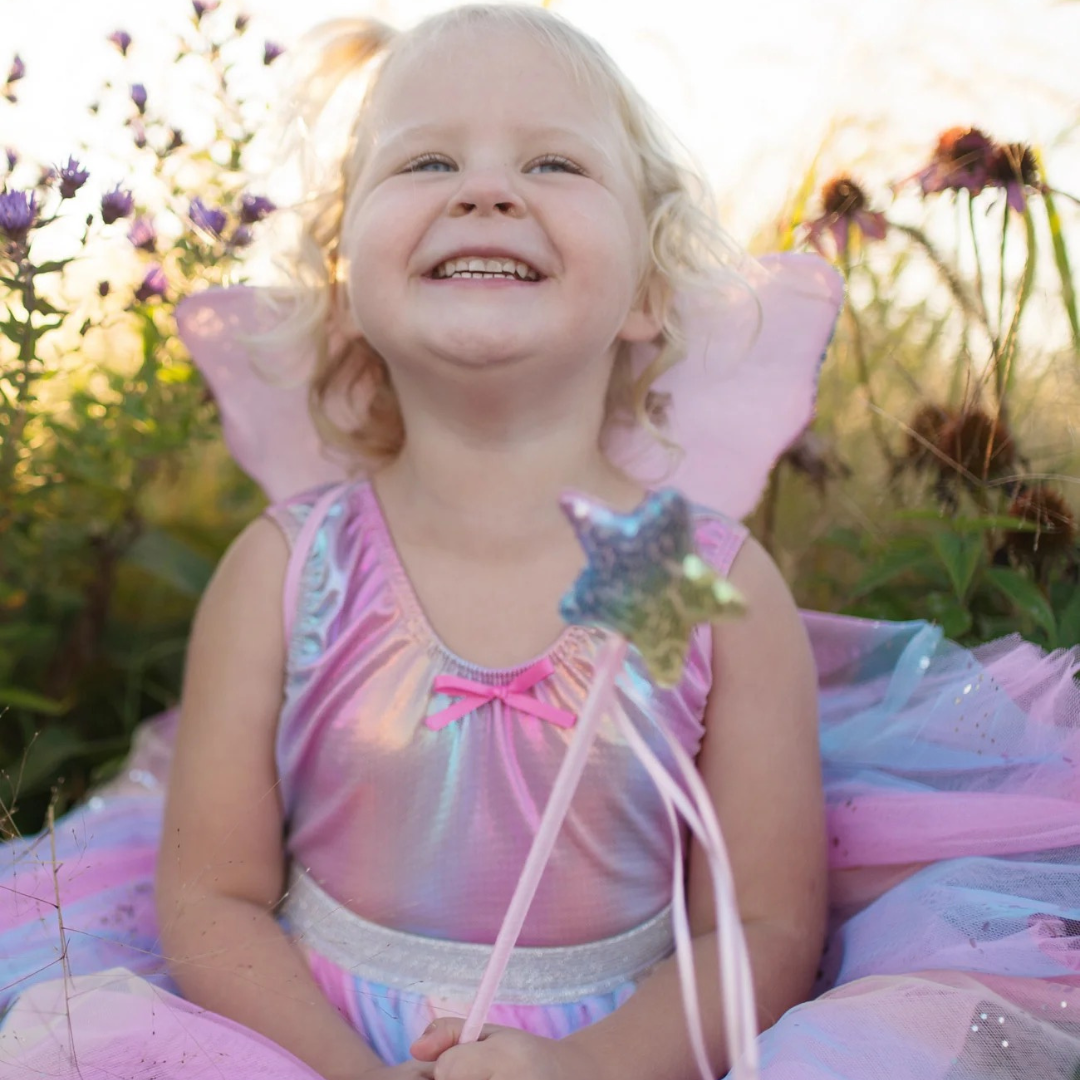 Falda de lentejuelas arcoíris con alas y varita