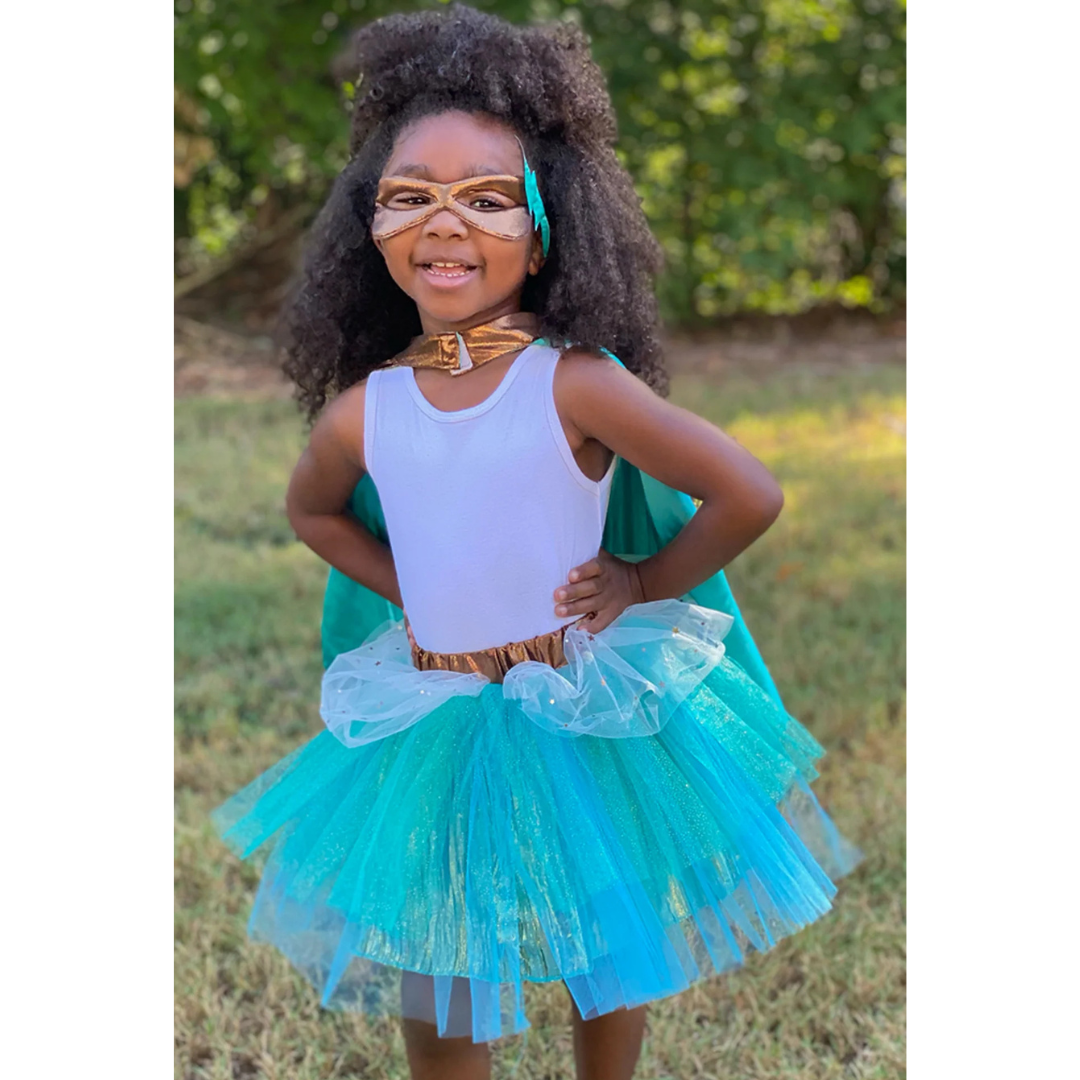 Tutú, capa y antifaz cobre/azul