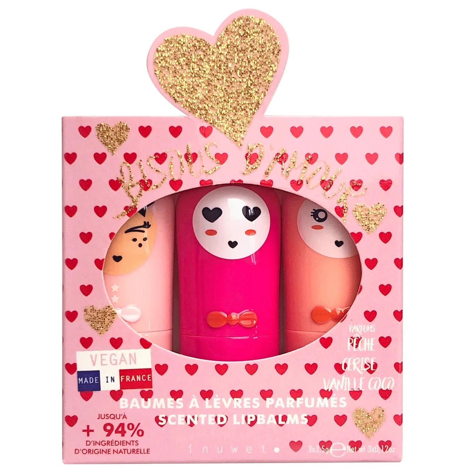 Set 3 Bálsamos Labiales Veganos Bunny INUWET · Bisous d'Amour