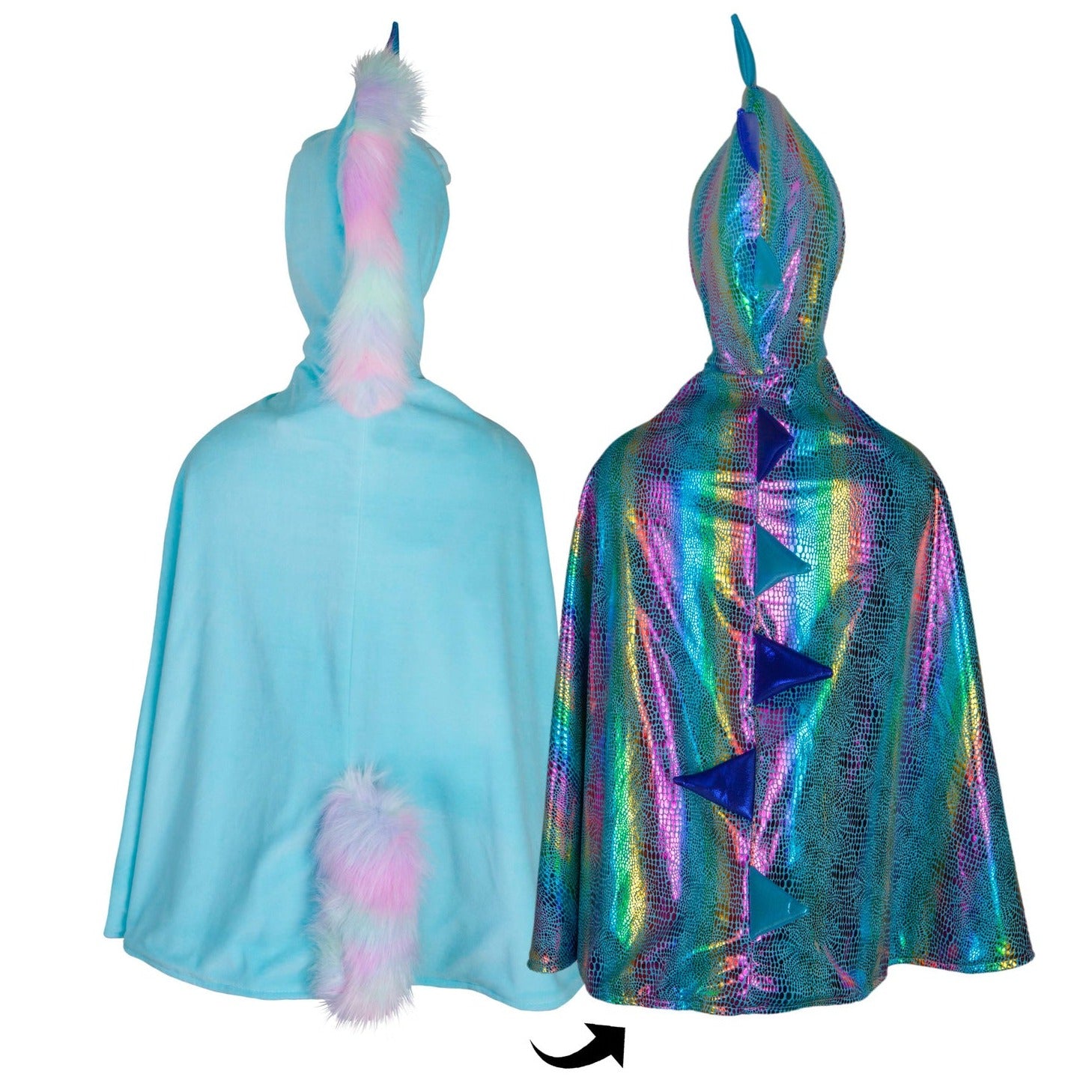 Capa reversible de unicornio y dragón azul