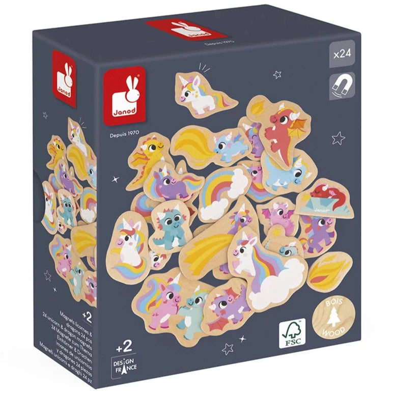 Imanes de madera: dragones y unicornios