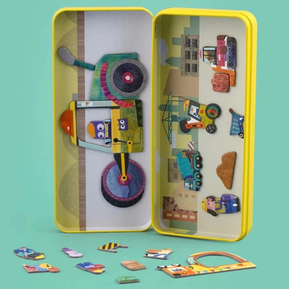 Puzzle magnético para llevar · camiones y excavadoras - La Chata Merengüela