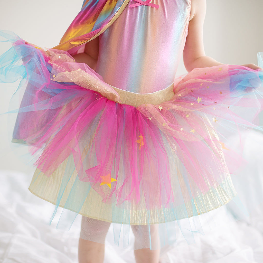 Tutú, Capa y Antifaz Arco Iris Rosa/Dorado · 4-6 años