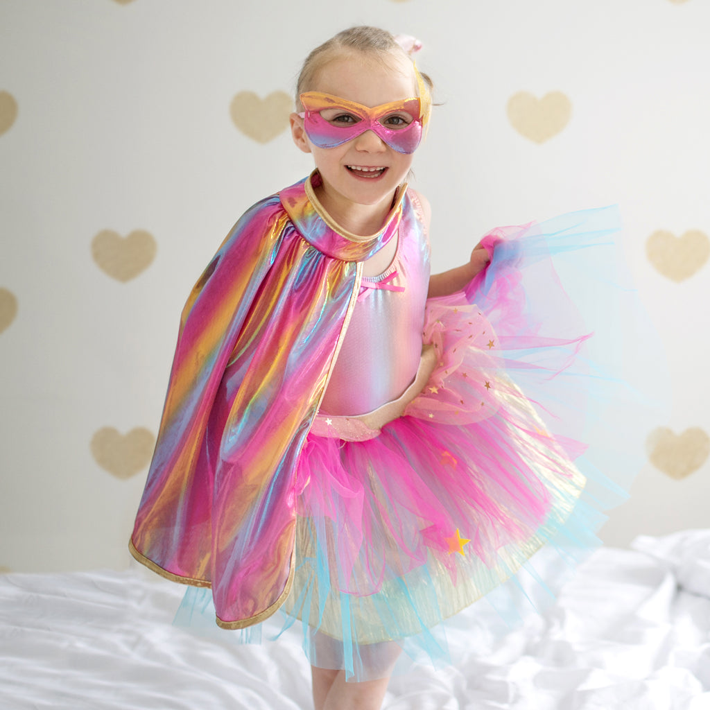 Tutú, Capa y Antifaz Arco Iris Rosa/Dorado · 4-6 años