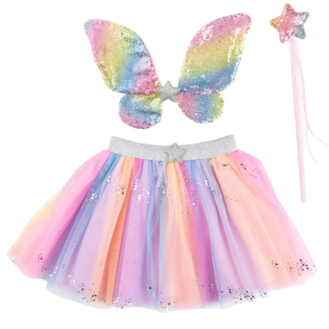 Falda de lentejuelas arcoíris con alas y varita