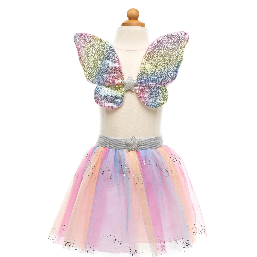Falda de lentejuelas arcoíris con alas y varita