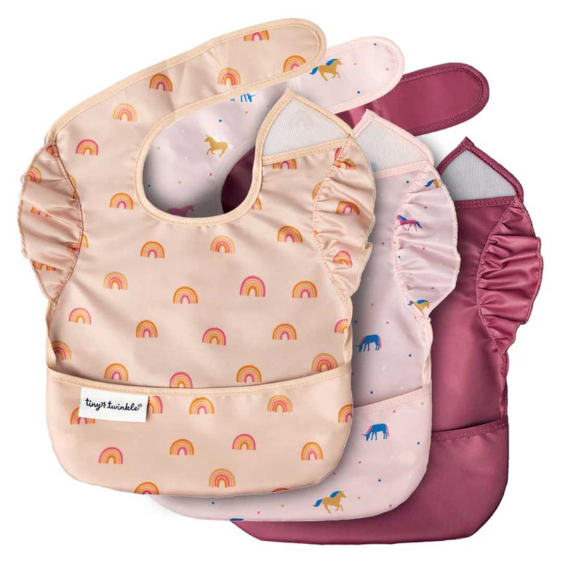 3 baberos con bolsillo Tiny Twinkle · Arcoiris - Unicornios - Burdeos - La Chata Merengüela