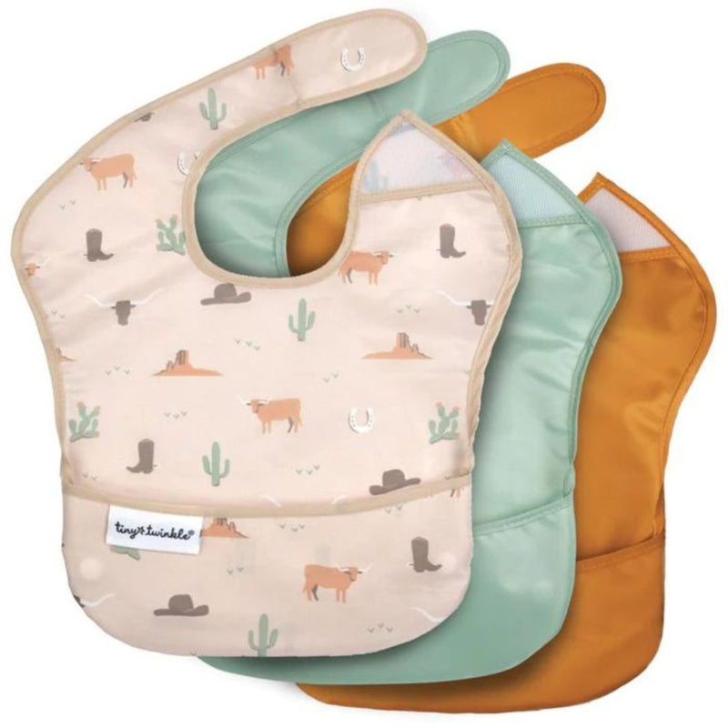 3 baberos con bolsillo Tiny Twinkle · Cowboy naranja - verde - La Chata Merengüela