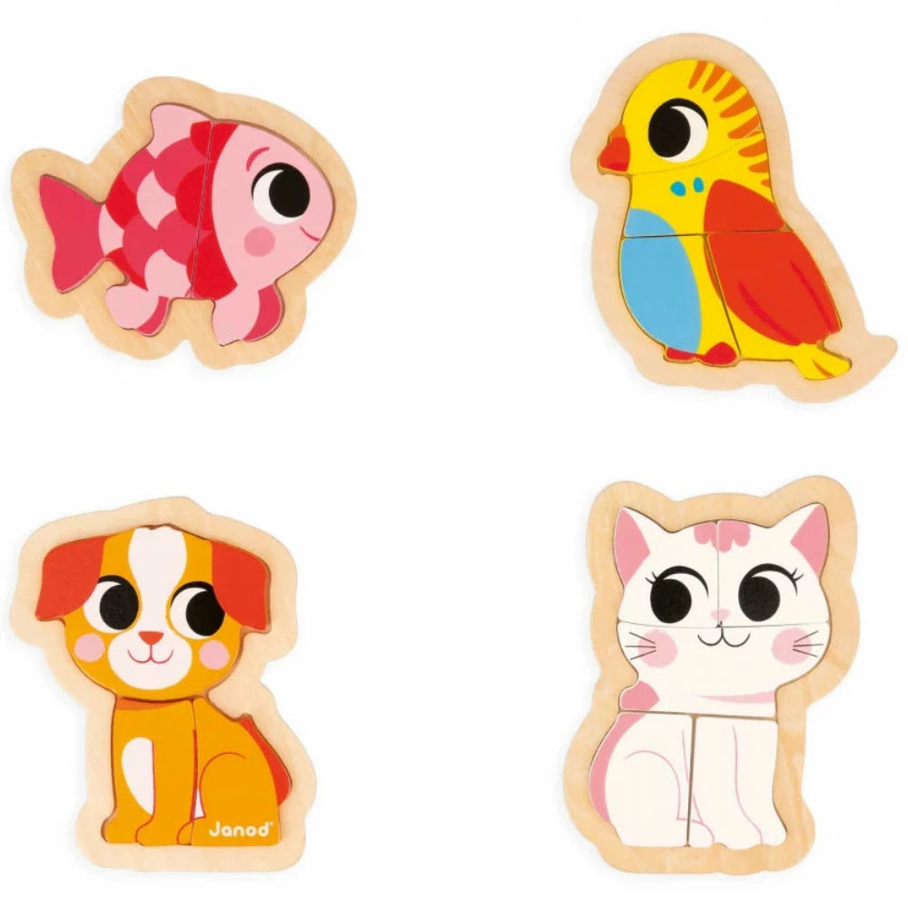 4 puzzles evolutivos de madera · animales de compañía