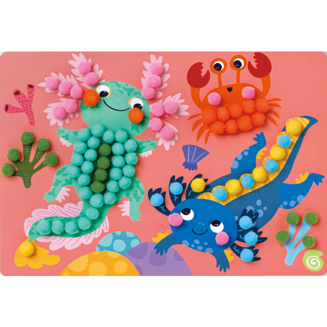 Arte con pompones y ajolotes