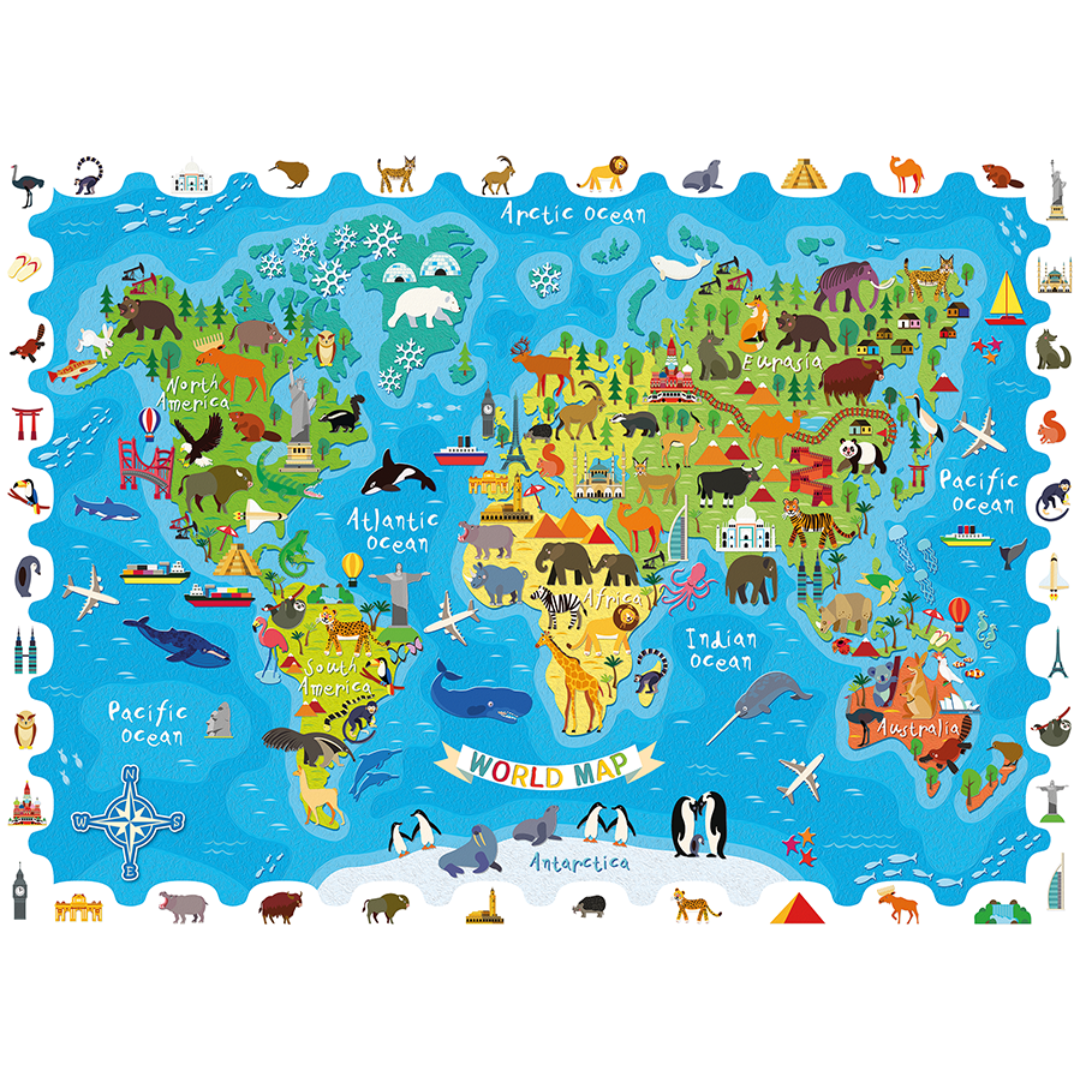 Puzzle DETECTIVE mapamundi de los animales: 108 piezas