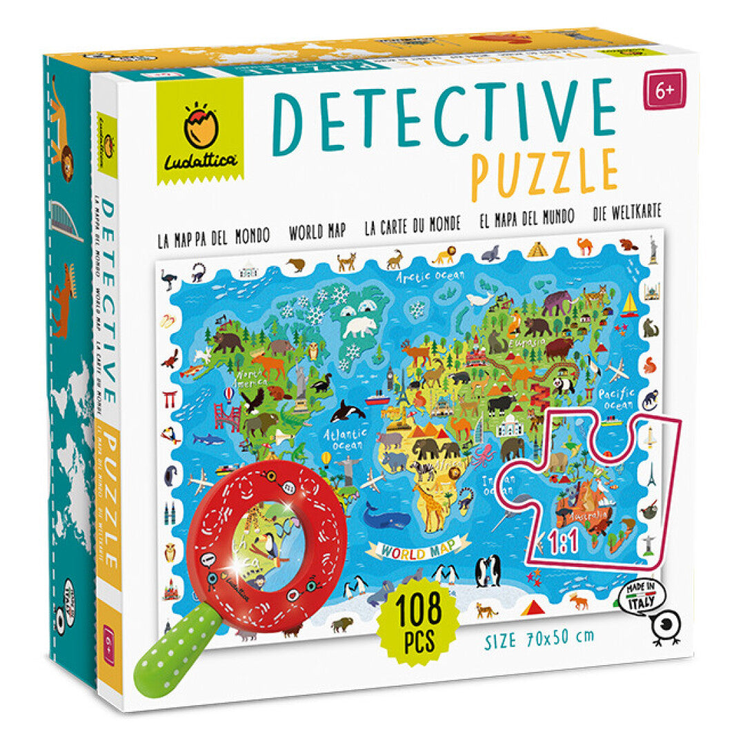 Puzzle DETECTIVE mapamundi de los animales: 108 piezas