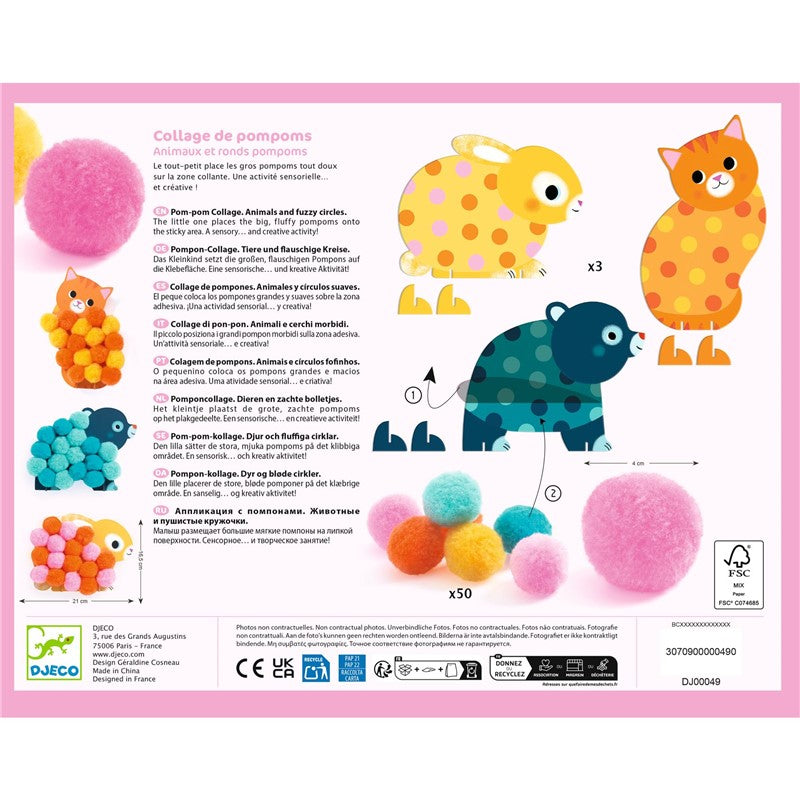 Collage de pompones, animales y círculos