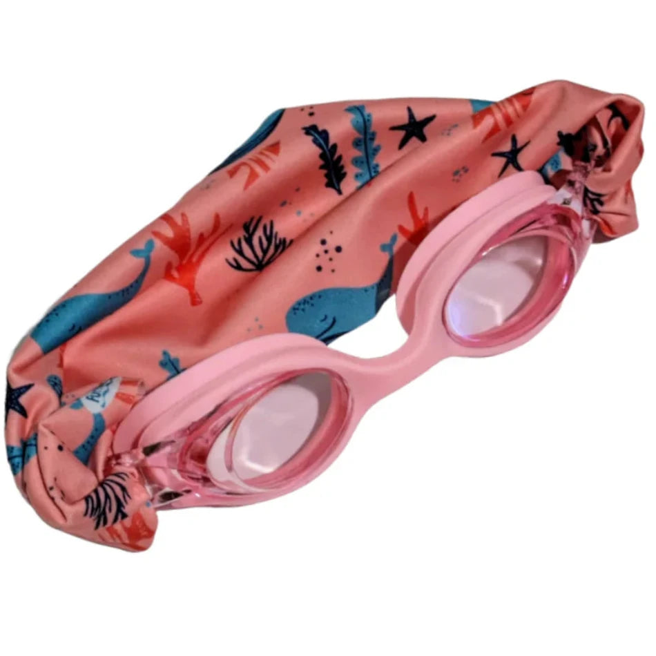 Gafas de natación infantiles con turbante · rosas con ballenas