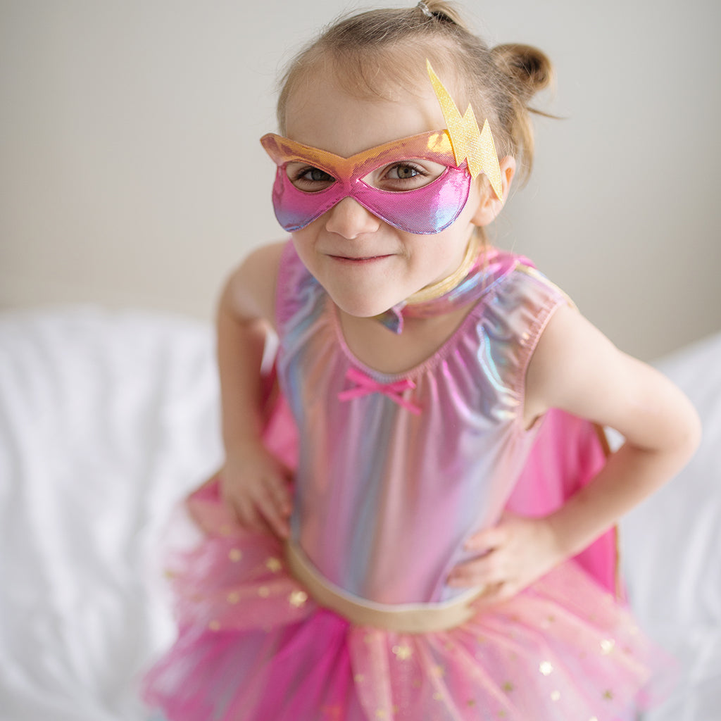 Tutú, Capa y Antifaz Arco Iris Rosa/Dorado · 4-6 años